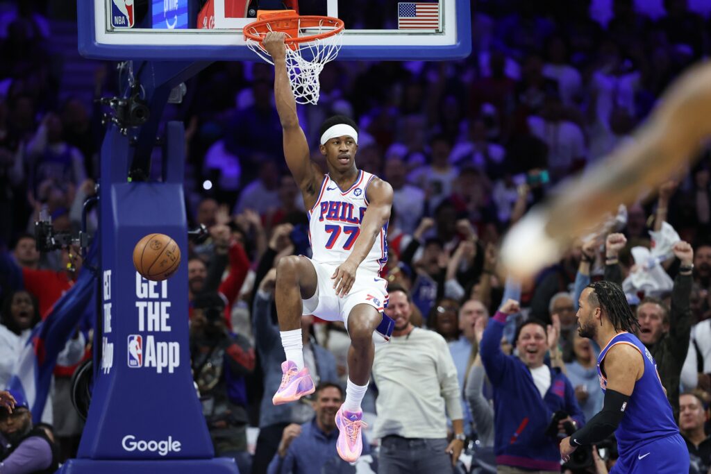 May 8, 2026; Philadelphia, Pennsylvania, USA; Philadelphia 76ers guard Vj Edgecombe (77) dunks the ball against the New York Knicks during the first quarter of game three of the second round of the 2026 NBA Playoffs at Xfinity Mobile Arena. Mandatory Credit: Bill Streicher-Imagn Images